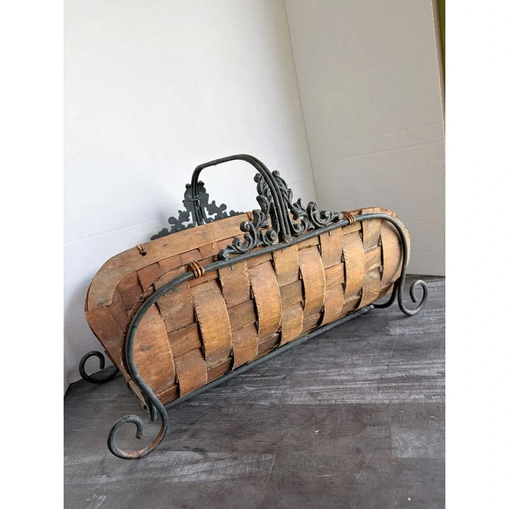 Vintage Woven Wood Splint Log Basket Wrought Iron Scrolled Frame Hearth Holder
